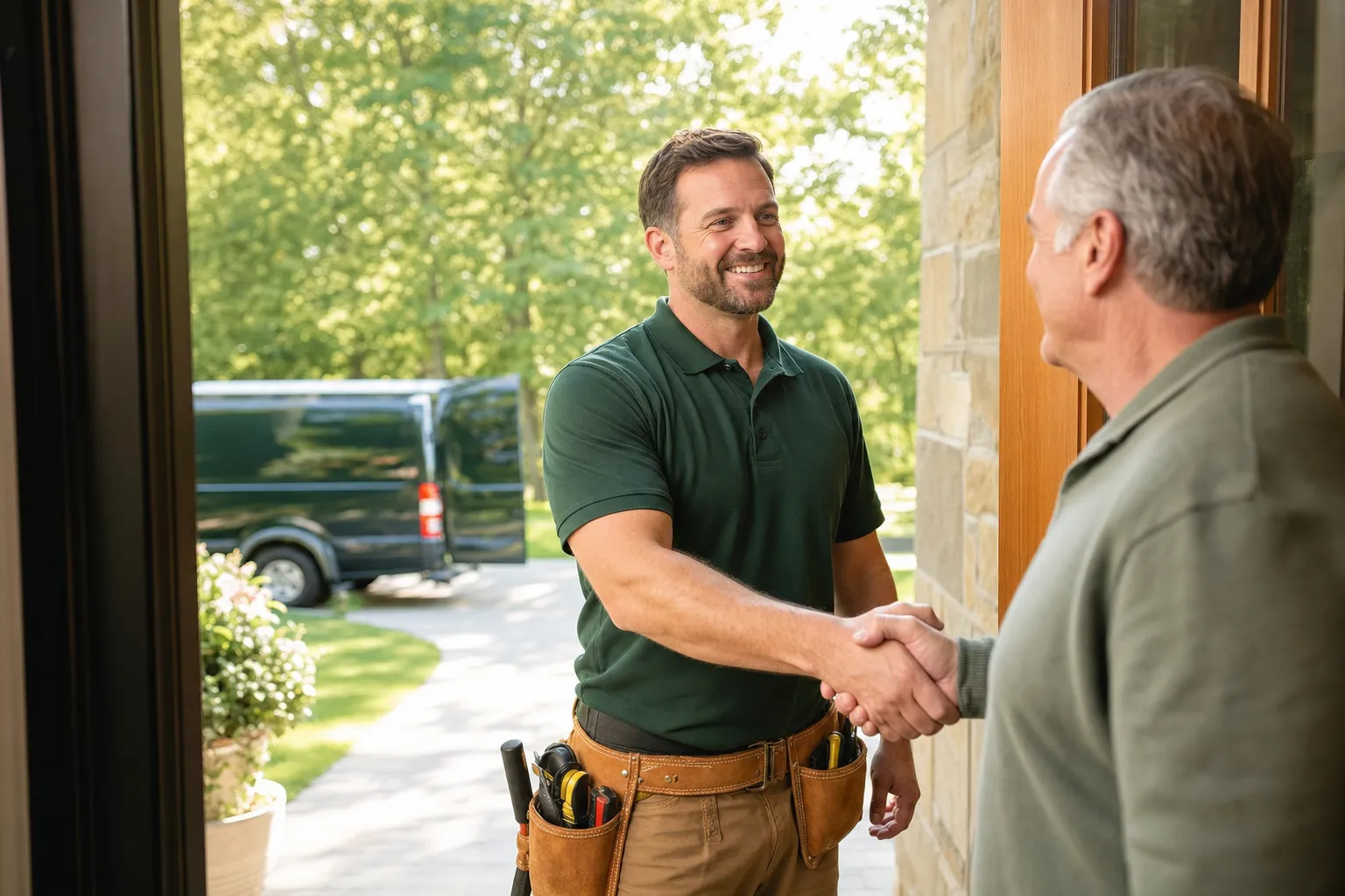 An Ocel Builders contractor greeting a homeowner at the door
