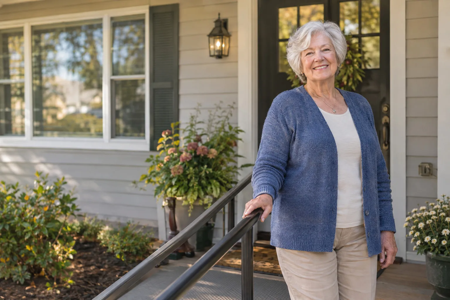 A smiling older woman at her own front door, resting a hand on the handrail beside a no-step entry ramp
