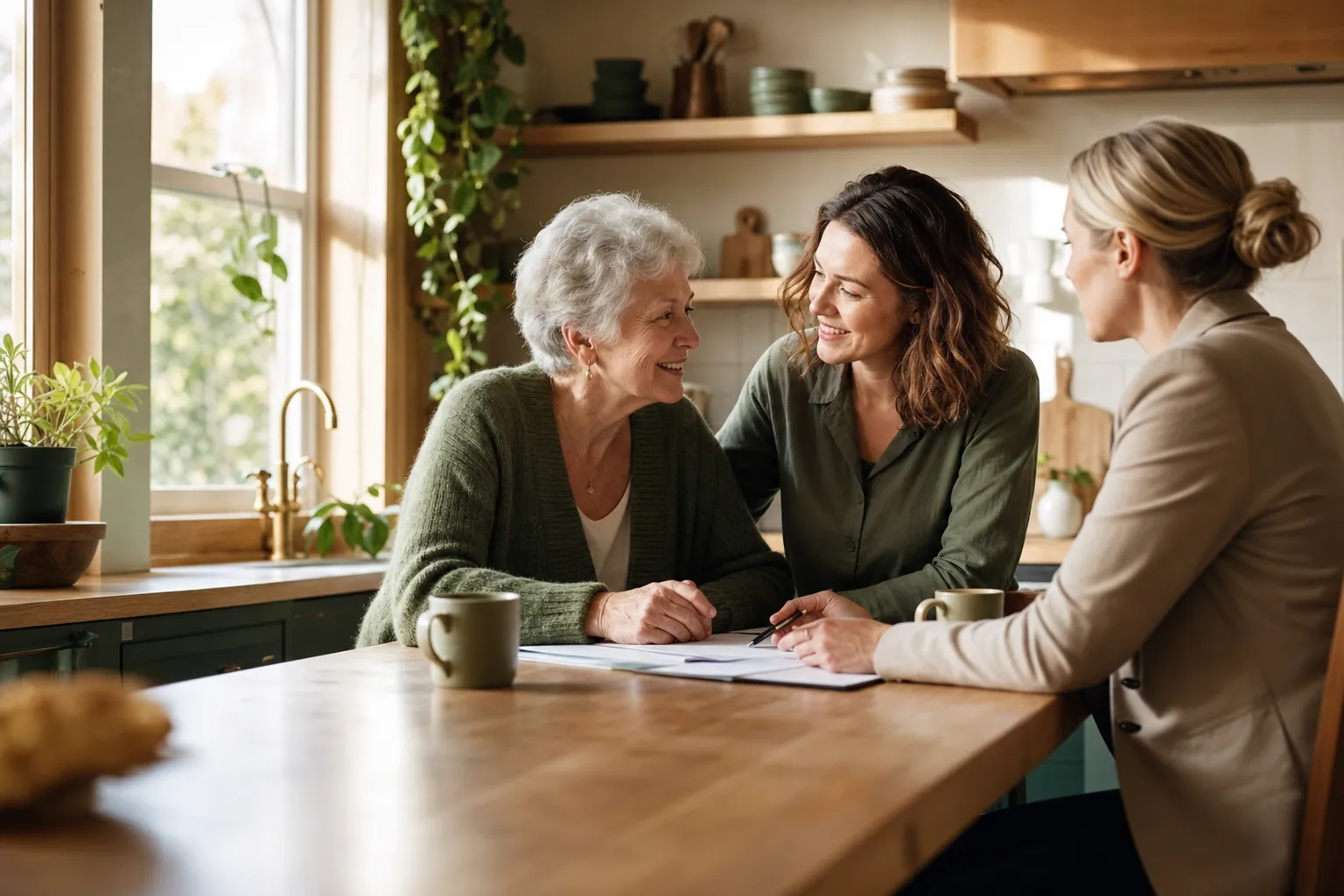A family reviewing funding paperwork with an advisor at the kitchen table