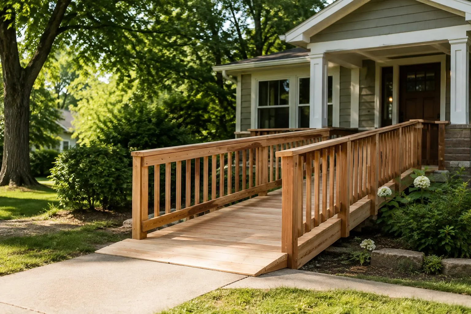 A cedar wheelchair ramp with handrails running from a front walk up to a covered porch entry