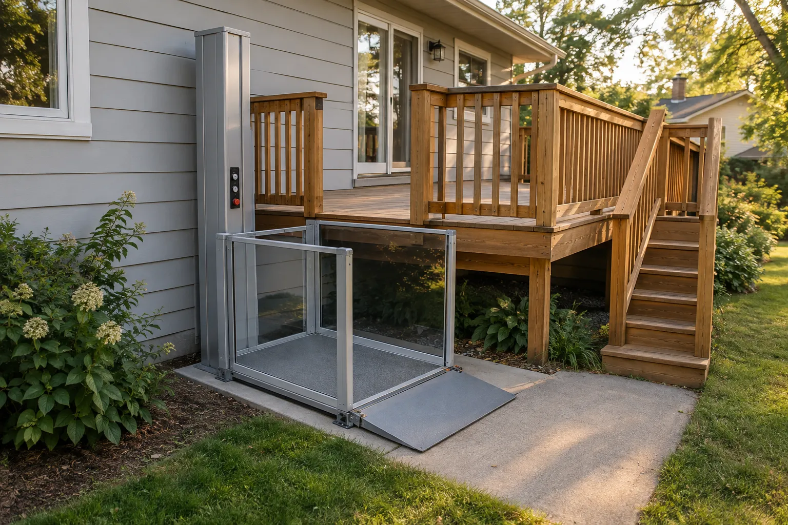 An open vertical platform lift standing on a concrete pad beside a wooden deck, its ramp folded flat onto the walk and a gap in the deck railing above where the platform rises to