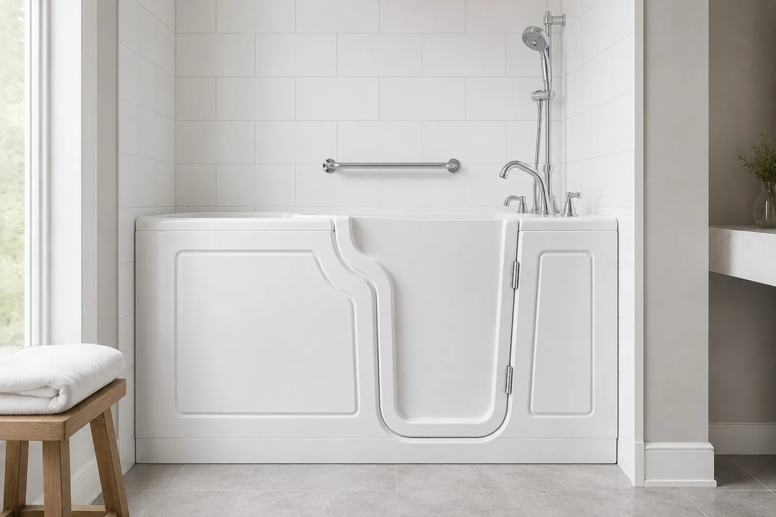 A white walk-in tub with a low step-through door, grab bar and handheld shower, installed in a tiled bathroom